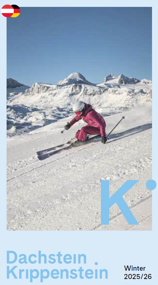 Der Winterfolder für den Erlebnisberg Krippenstein inkl. Informationen zu den Höhlen, Schönbergalm und Wanderwelt sowie Betriebszeiten der Seilbahn, Preise und Veranstaltungen 